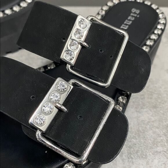 Gianni Bini Black Leather Rhinestone Buckle Sandals - Picture 7 of 14
